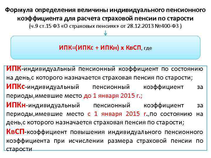 Формула определения величины индивидуального пенсионного коэффициента для расчета страховой пенсии по старости (ч. 9
