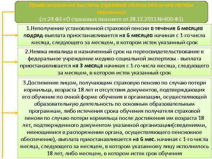 Приостановление выплаты страховой пенсии по случаю потери кормильца (ст. 24 ФЗ «О страховых пенсиях»