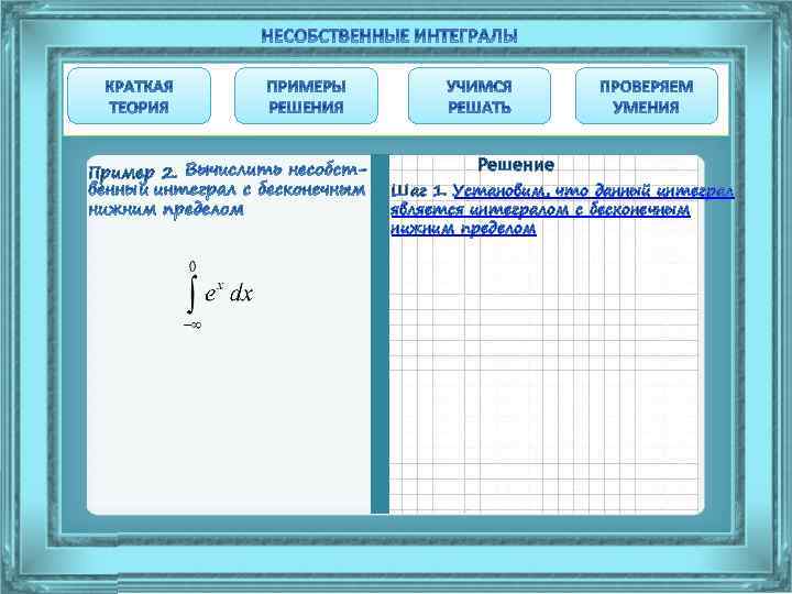 Пример 2. Решение Шаг 1. Установим, что данный интеграл является интегралом с бесконечным нижним