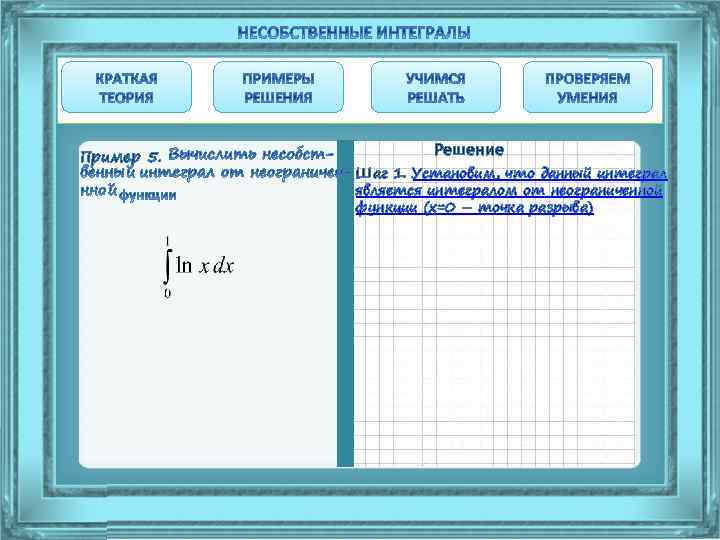 Пример 5. Решение Шаг 1. Установим, что данный интеграл является интегралом от неограниченной функции