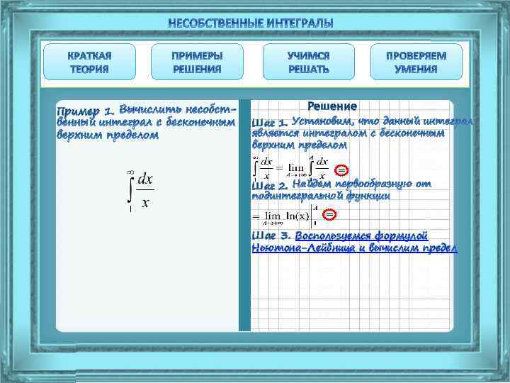 Пример 1. Решение Шаг 1. = Шаг 2. = Шаг 3. Воспользуемся формулой Ньютона-Лейбница