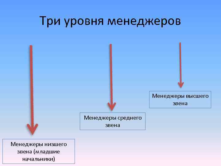 Три уровня менеджеров Менеджеры высшего звена Менеджеры среднего звена Менеджеры низшего звена (младшие начальники)