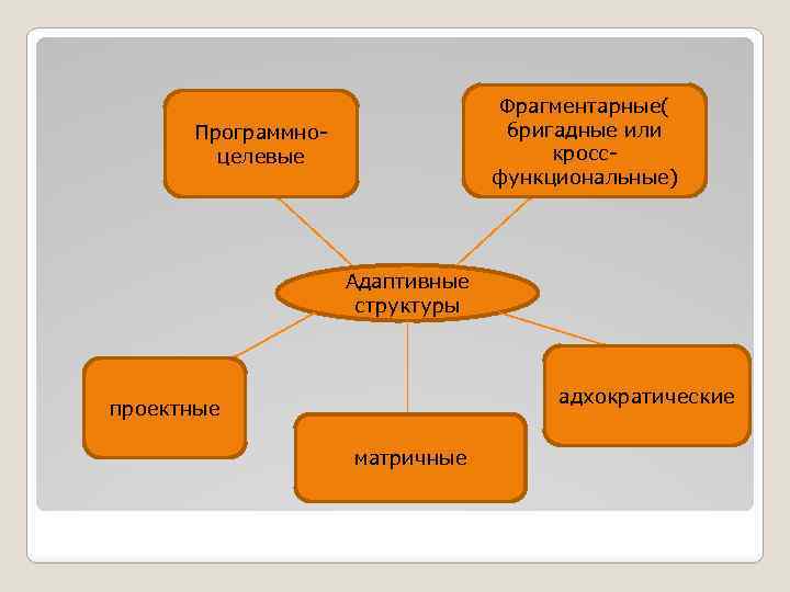 Фрагментарные( бригадные или кроссфункциональные) Программно- целевые Адаптивные структуры адхократические проектные матричные 