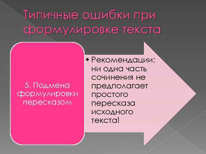 Типичные ошибки при формулировке текста • Рекомендации: ни одна часть сочинения не 5. Подмена