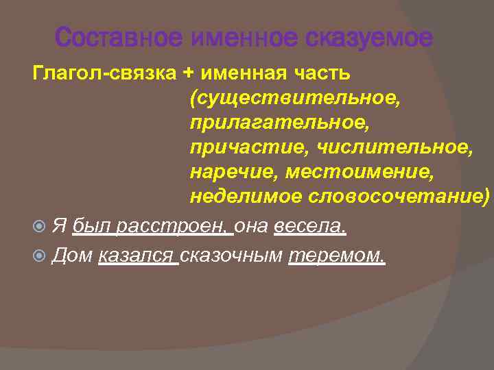 Составное именное сказуемое Глагол-связка + именная часть (существительное, прилагательное, причастие, числительное, наречие, местоимение, неделимое