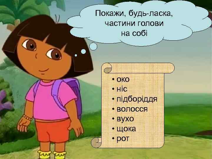 Покажи, будь-ласка, частини голови на собі • око • ніс • підборіддя • волосся