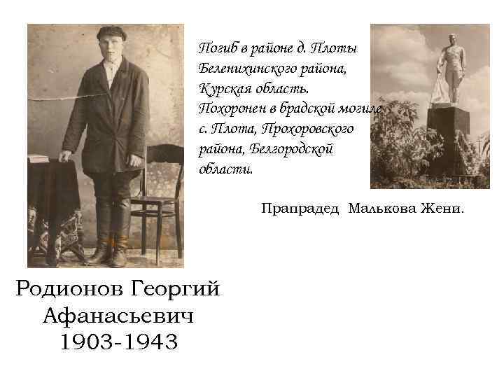 Погиб в районе д. Плоты Беленихинского района, Курская область. Похоронен в брадской могиле с.