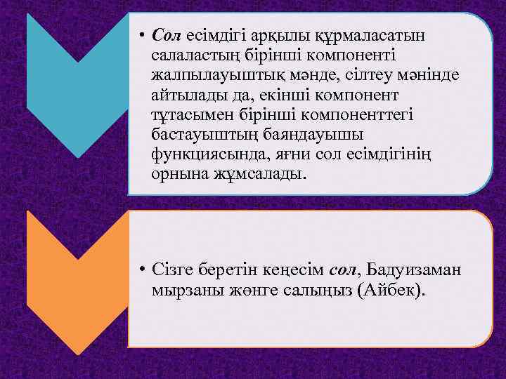  • Сол есімдігі арқылы құрмаласатын салаластың бірінші компоненті жалпылауыштық мәнде, сілтеу мәнінде айтылады