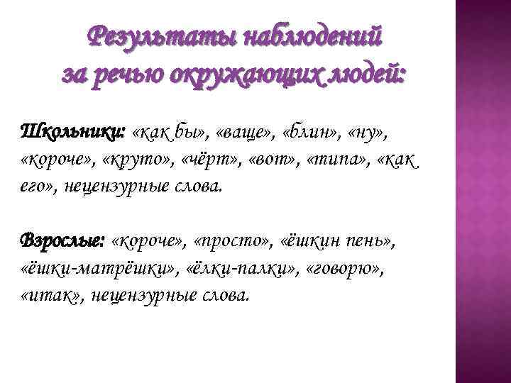 Результаты наблюдений за речью окружающих людей: Школьники: «как бы» , «ваще» , «блин» ,