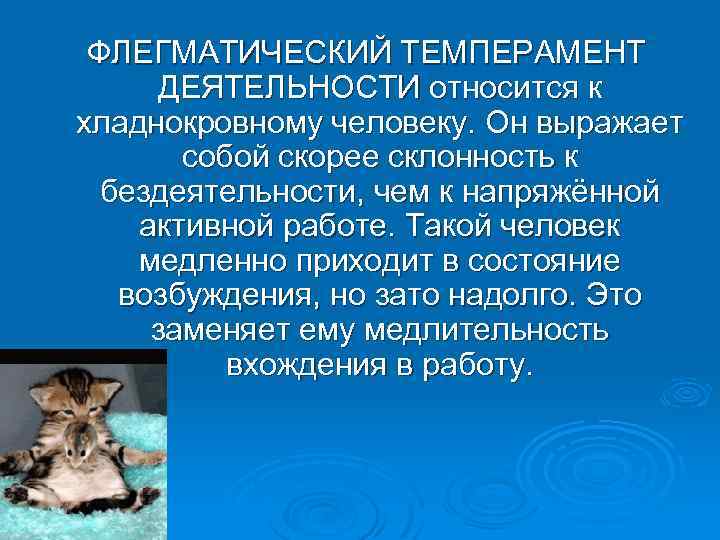 ФЛЕГМАТИЧЕСКИЙ ТЕМПЕРАМЕНТ ДЕЯТЕЛЬНОСТИ относится к хладнокровному человеку. Он выражает собой скорее склонность к бездеятельности,