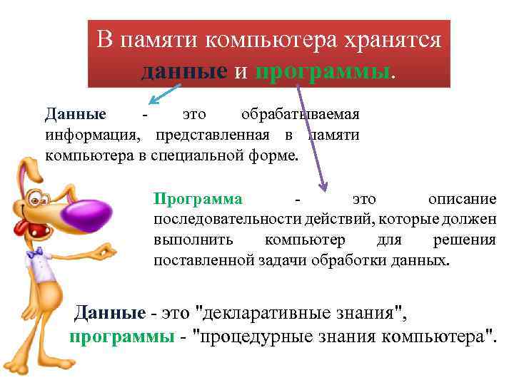 В памяти компьютера хранятся данные и программы. Данные - это обрабатываемая информация, представленная в