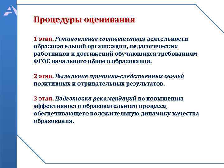 Процедуры оценивания 1 этап. Установление соответствия деятельности образовательной организации, педагогических работников и достижений обучающихся