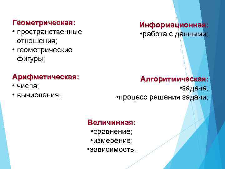 Геометрическая: • пространственные отношения; • геометрические фигуры; Арифметическая: • числа; • вычисления; Информационная: •