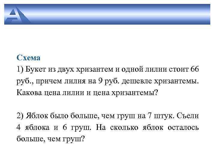 Схема 1) Букет из двух хризантем и одной лилии стоит 66 руб. , причем