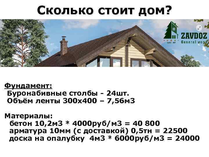 Сколько стоит дом? Фундамент: Буронабивные столбы - 24 шт. Объём ленты 300 х400 –