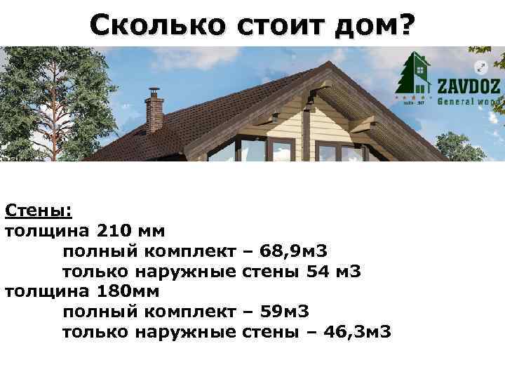 Сколько стоит дом? Стены: толщина 210 мм полный комплект только наружные толщина 180 мм