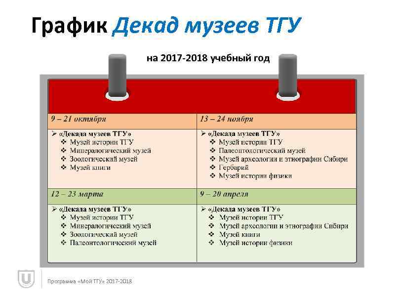 График Декад музеев ТГУ на 2017 -2018 учебный год Программа «Мой ТГУ» 2017 -2018