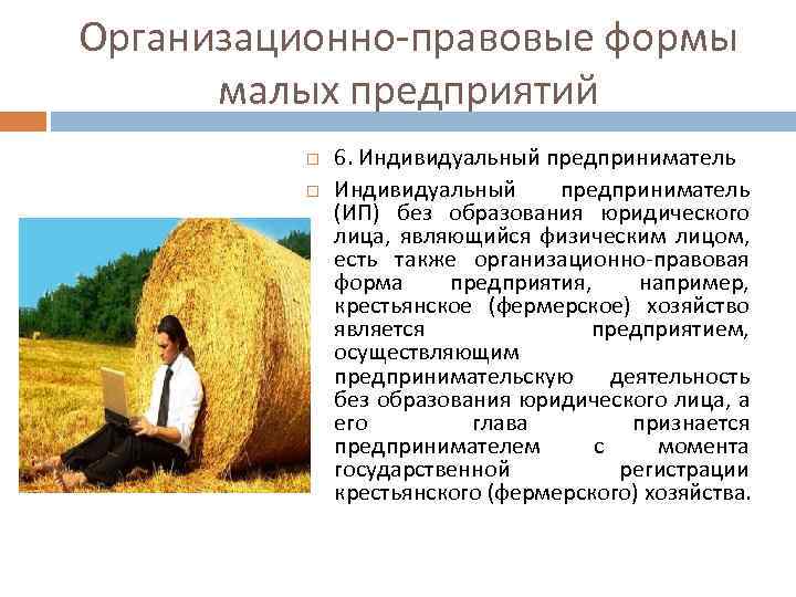 Организационно-правовые формы малых предприятий 6. Индивидуальный предприниматель (ИП) без образования юридического лица, являющийся физическим