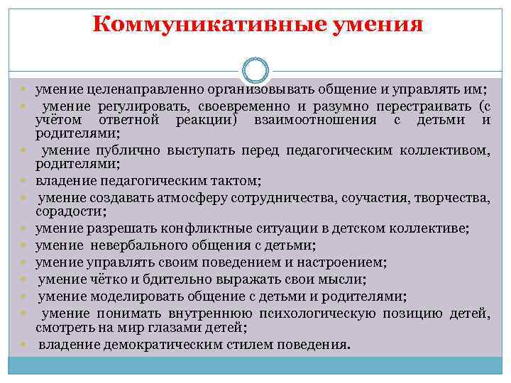 Коммуникативные умения умение целенаправленно организовывать общение и управлять им; умение регулировать, своевременно и разумно