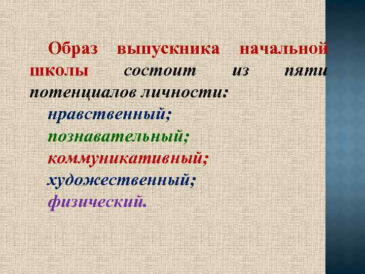 Образ выпускника начальной школы состоит из пяти потенциалов личности: нравственный; познавательный; коммуникативный; художественный; физический.