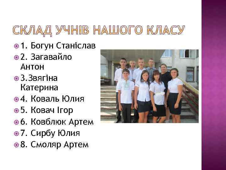  1. Богун Станіслав 2. Загавайло Антон 3. Звягіна Катерина 4. Коваль Юлия 5.