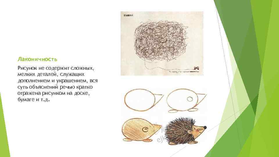 Лаконичность Рисунок не содержит сложных, мелких деталей, служащих дополнением и украшением, вся суть объяснений