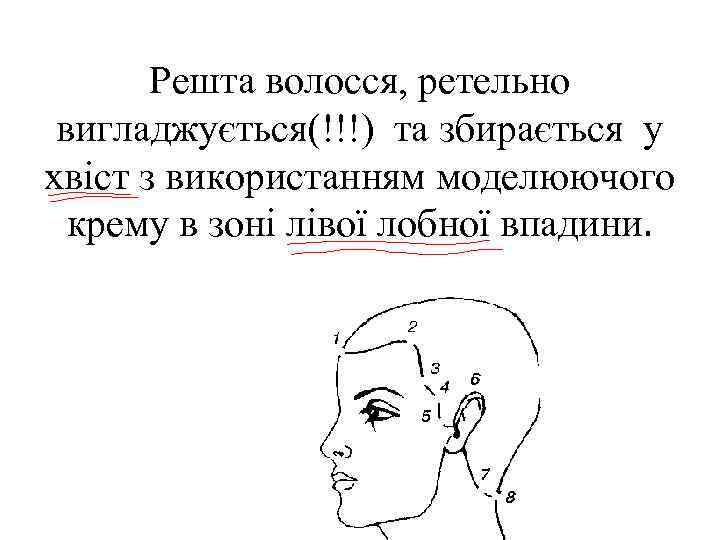 Решта волосся, ретельно вигладжується(!!!) та збирається у хвіст з використанням моделюючого крему в зоні
