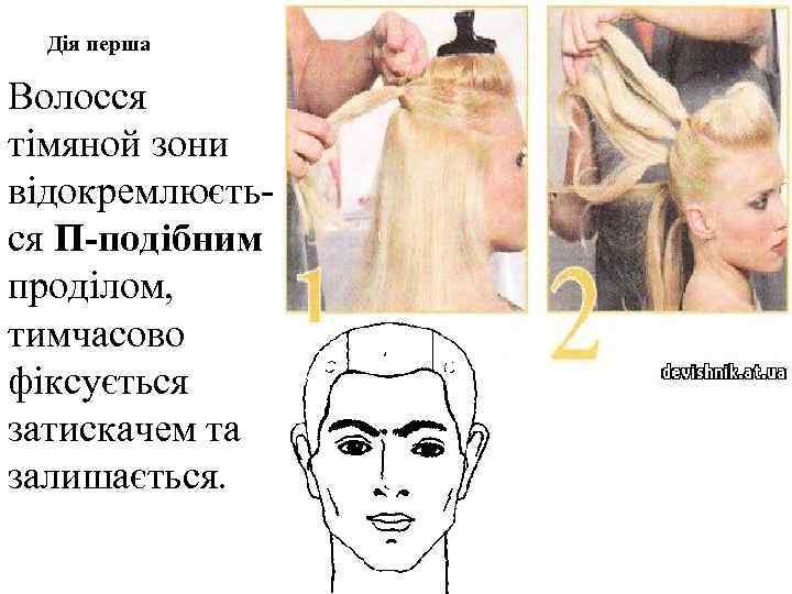 Дія перша Волосся тімяной зони відокремлюється П-подібним проділом, тимчасово фіксується затискачем та залишається. 