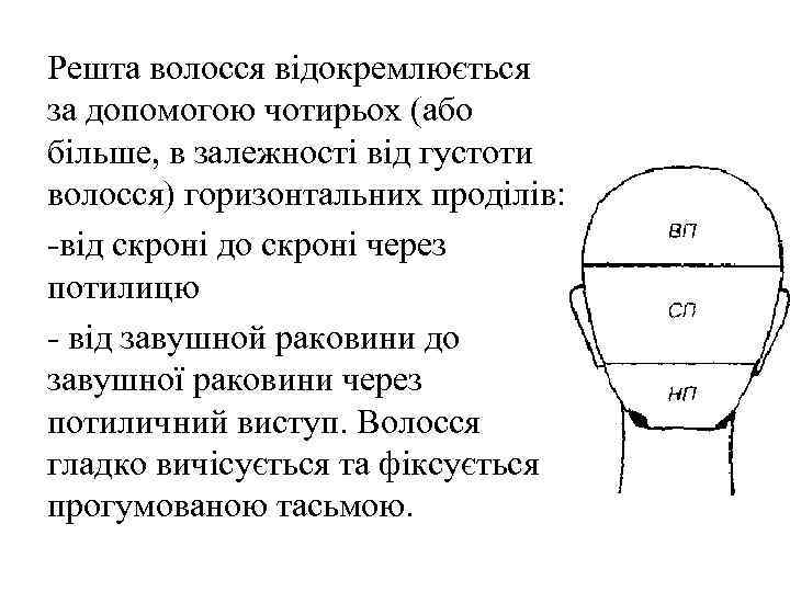 Решта волосся відокремлюється за допомогою чотирьох (або більше, в залежності від густоти волосся) горизонтальних