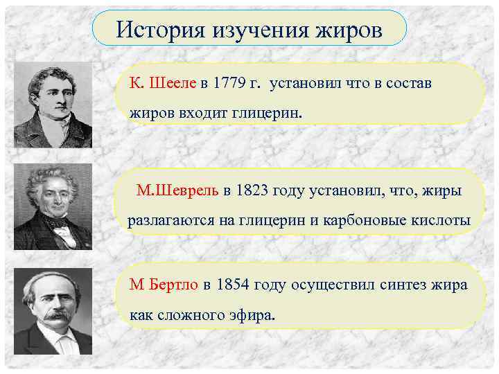 История изучения жиров К. Шееле в 1779 г. установил что в состав жиров входит