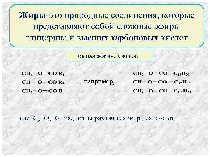 Жиры-это природные соединения, которые представляют собой сложные эфиры глицерина и высших карбоновых кислот ОБЩАЯ