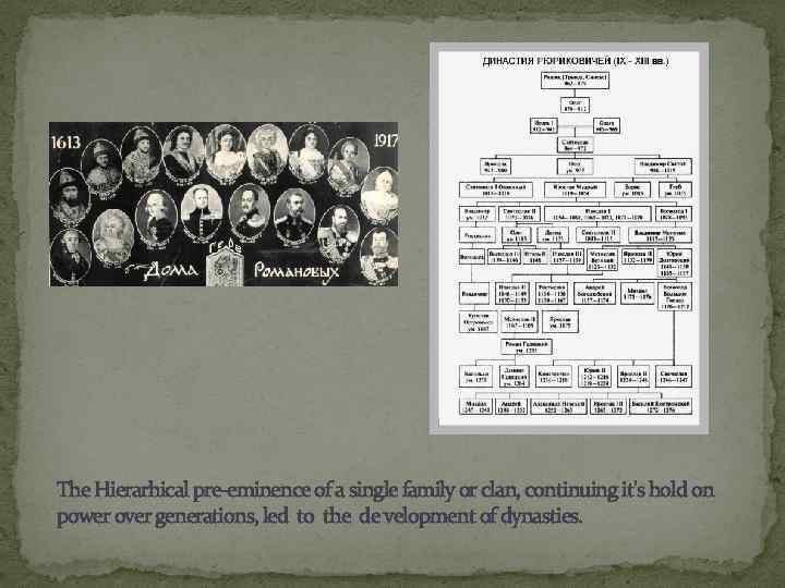 The Hierarhical pre-eminence of a single family or clan, continuing it's hold on power
