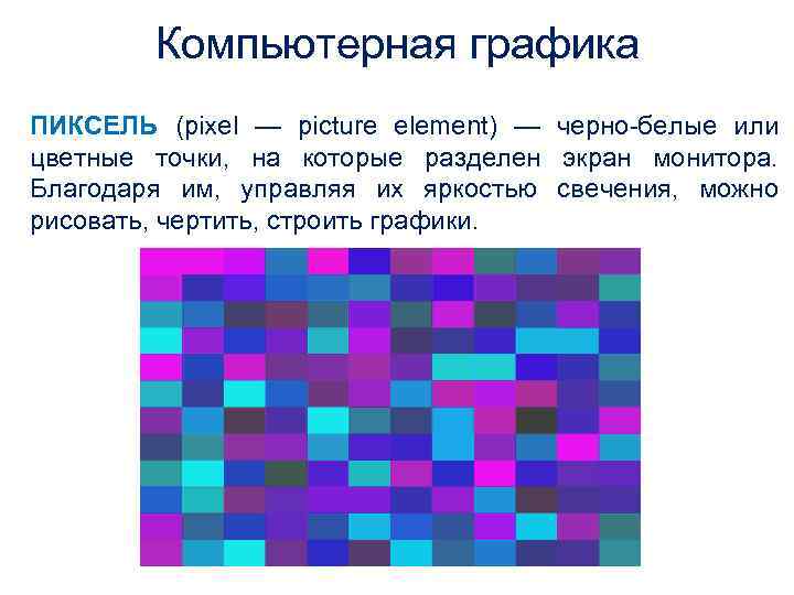  Компьютерная графика ПИКСЕЛЬ (pixel — picture element) — черно-белые или цветные точки, на