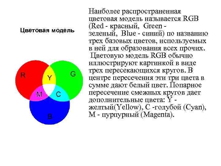 Цветовая модель Наиболее распространенная цветовая модель называется RGB (Red - красный, Green - зеленый,