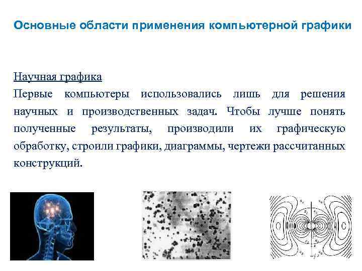 Основные области применения компьютерной графики Научная графика Первые компьютеры использовались лишь для решения научных