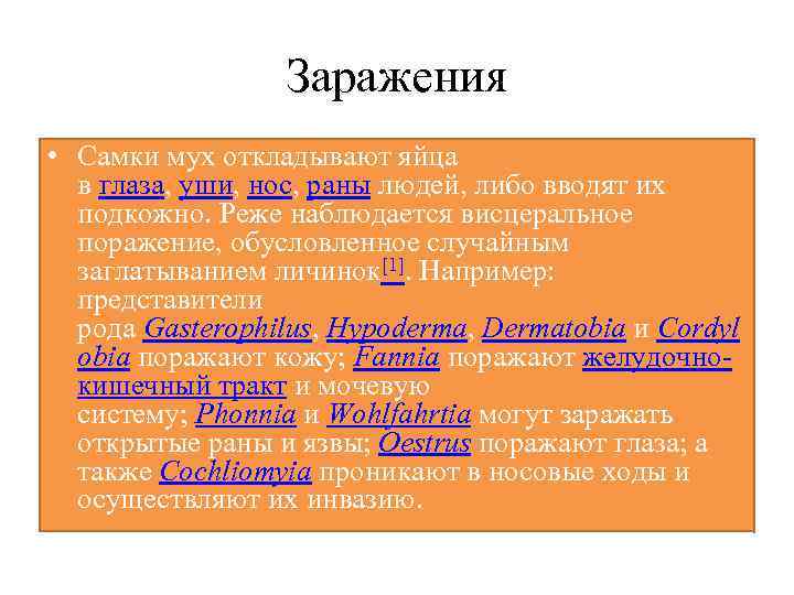 Заражения • Самки мух откладывают яйца в глаза, уши, нос, раны людей, либо вводят