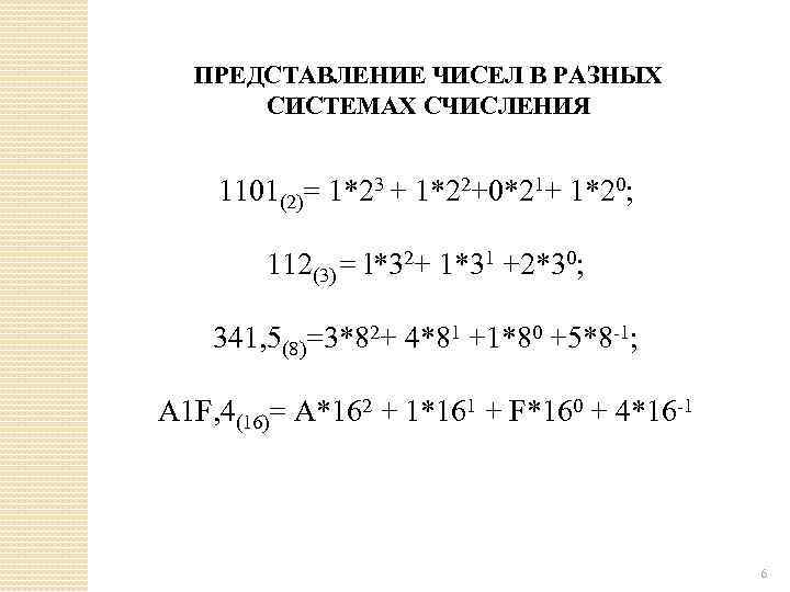 ПРЕДСТАВЛЕНИЕ ЧИСЕЛ В РАЗНЫХ СИСТЕМАХ СЧИСЛЕНИЯ 1101(2)= 1*23 + 1*22+0*21+ 1*20; 112(3)= l*32+ 1*31