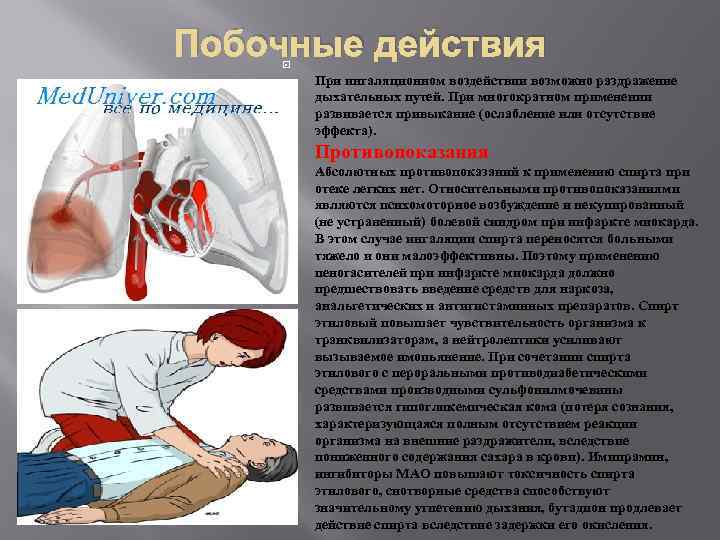 Побочные действия При ингаляционном воздействии возможно раздражение дыхательных путей. При многократном применении развивается привыкание