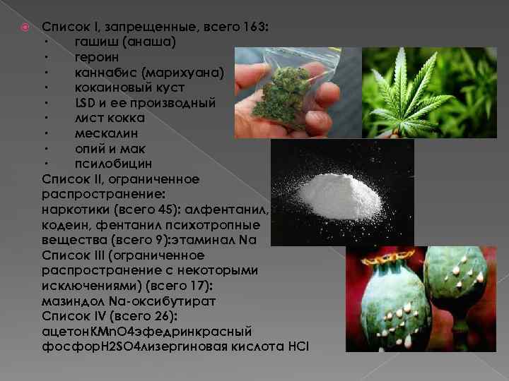  Список I, запрещенные, всего 163: · гашиш (анаша) · героин · каннабис (марихуана)