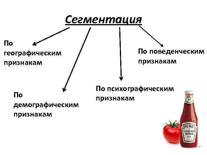 Сегментация По географическим признакам По демографическим признакам По поведенческим признакам По психографическим признакам 