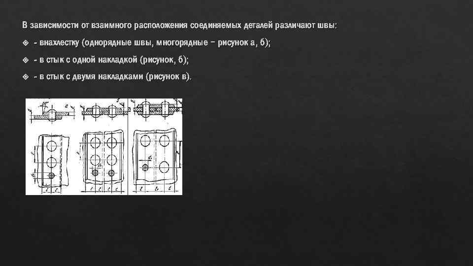 В зависимости от взаимного расположения соединяемых деталей различают швы: - внахлестку (однорядные швы, многорядные