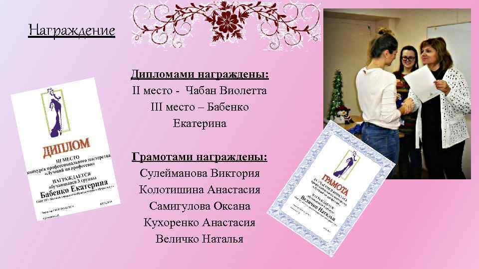 Награждение Дипломами награждены: II место - Чабан Виолетта III место – Бабенко Екатерина Грамотами