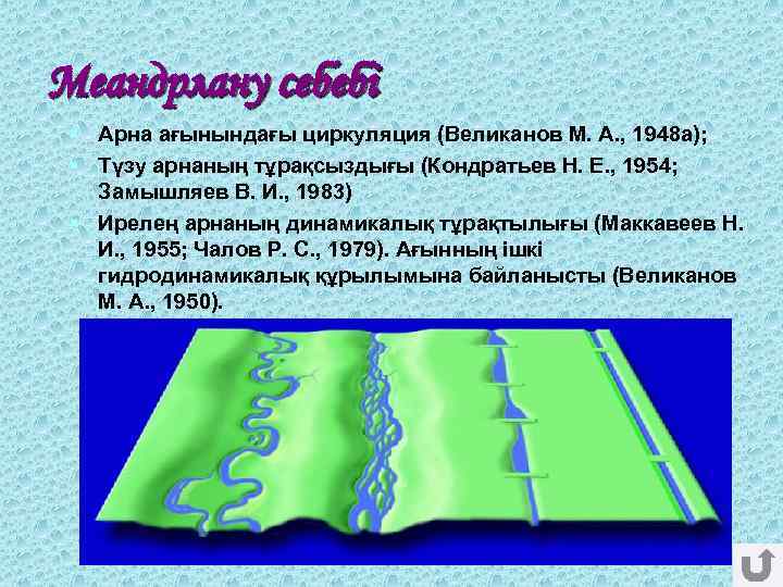 Меандрлану себебі § Арна ағынындағы циркуляция (Великанов М. А. , 1948 а); § Түзу