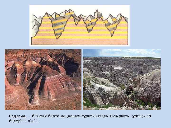 Бедленд —бірнеше белес, дөңдерден тұратын сазды топырақты құрғақ жер бедерінің пішіні. 