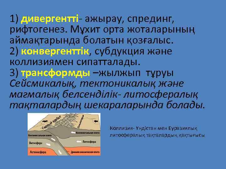 1) дивергентті- ажырау, спрединг, рифтогенез. Мұхит орта жоталарының аймақтарында болатын қозғалыс. 2) конвергенттік, субдукция