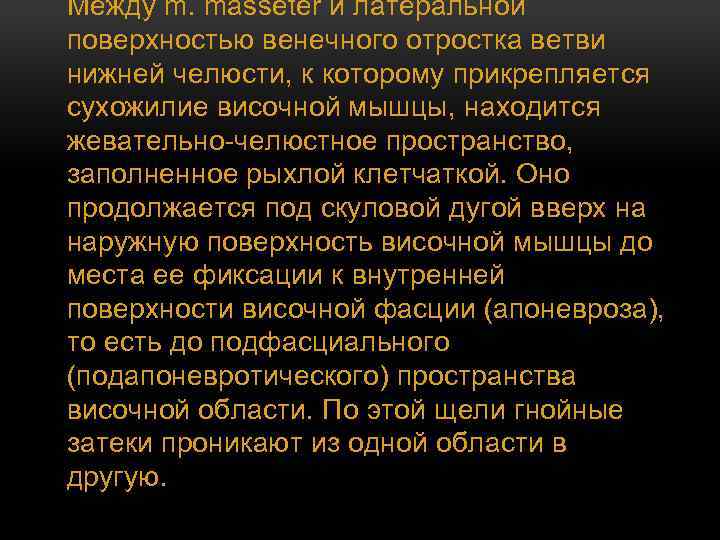 Между m. masseter и латеральной поверхностью венечного отростка ветви нижней челюсти, к которому прикрепляется