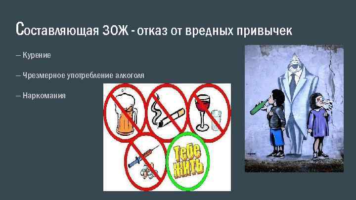 Cоставляющая ЗОЖ – отказ от вредных привычек – Курение – Чрезмерное употребление алкоголя –