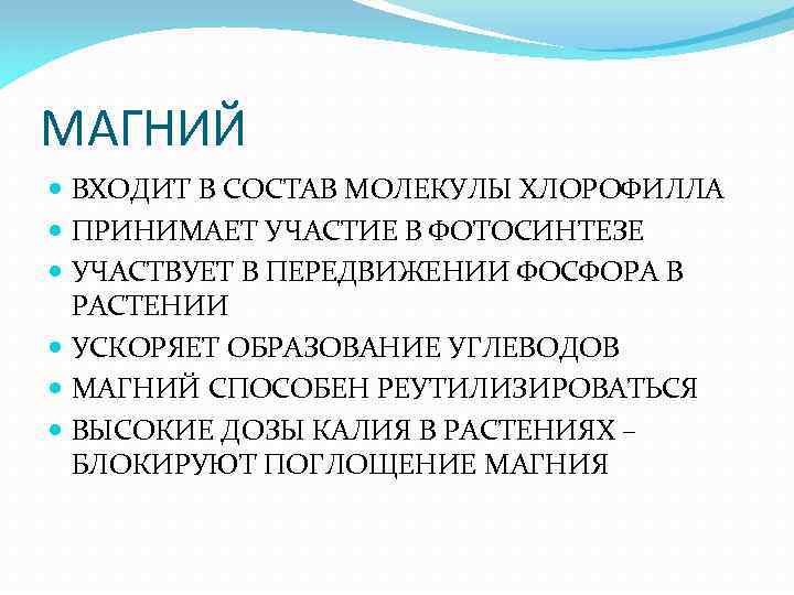 МАГНИЙ ВХОДИТ В СОСТАВ МОЛЕКУЛЫ ХЛОРОФИЛЛА ПРИНИМАЕТ УЧАСТИЕ В ФОТОСИНТЕЗЕ УЧАСТВУЕТ В ПЕРЕДВИЖЕНИИ ФОСФОРА