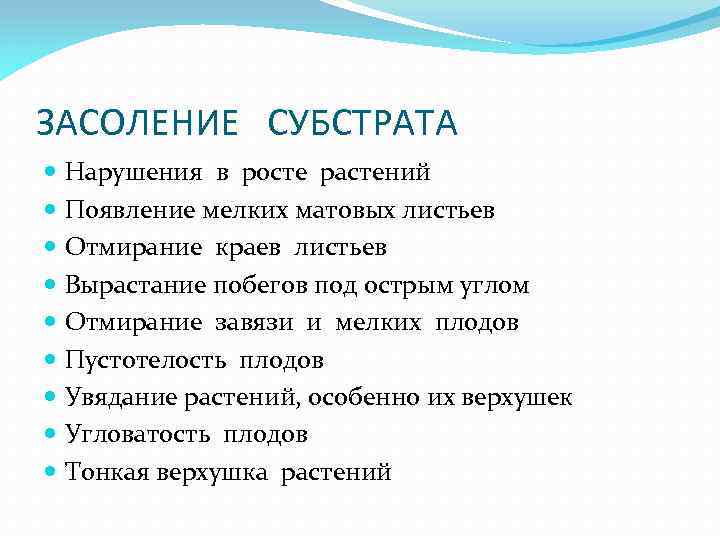 ЗАСОЛЕНИЕ СУБСТРАТА Нарушения в росте растений Появление мелких матовых листьев Отмирание краев листьев Вырастание