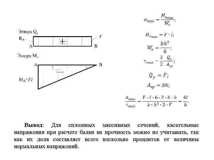 Вывод: Для сплошных массивных сечений, касательные напряжения при расчете балки на прочность можно не